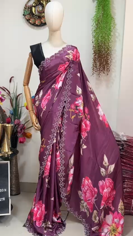 Satin Silk Sari with Swarovski (with blouse) - Image 3
