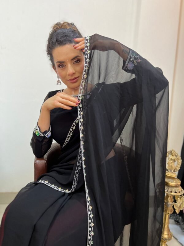 Designer Handwork Sari (Midnight Bloom) - Premium Quality - Image 2
