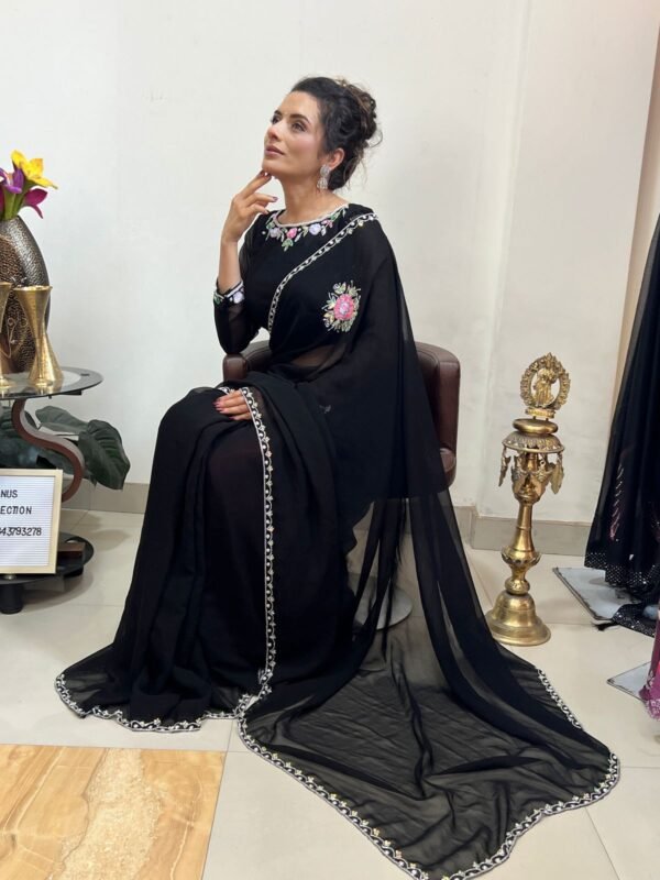 Designer Handwork Sari (Midnight Bloom) - Premium Quality